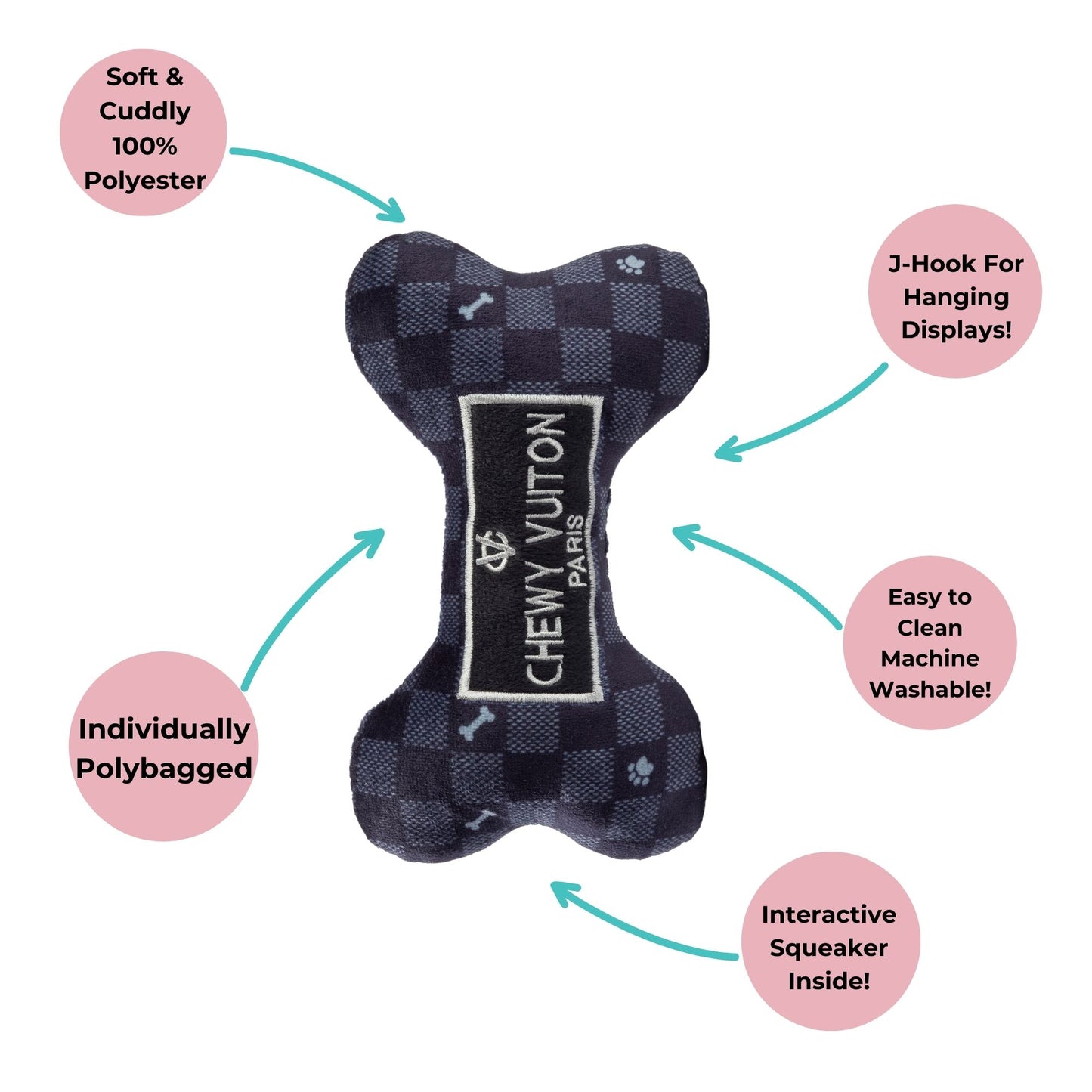 Black Checker Chewy Vuiton Bone Squeaker Dog Toy