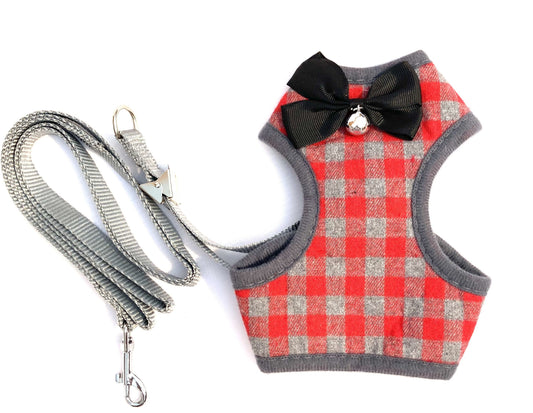 Red Plaid Harness & Leash Set with Bowtie